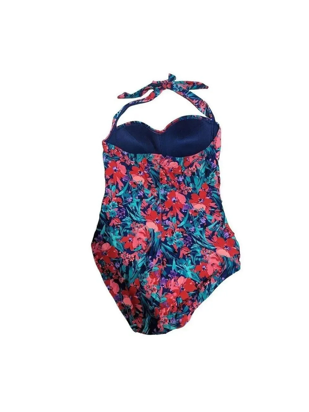 Catalina Women's XL 16/18 Orange Blue Floral One-Piece Halter Top Swimsuit
